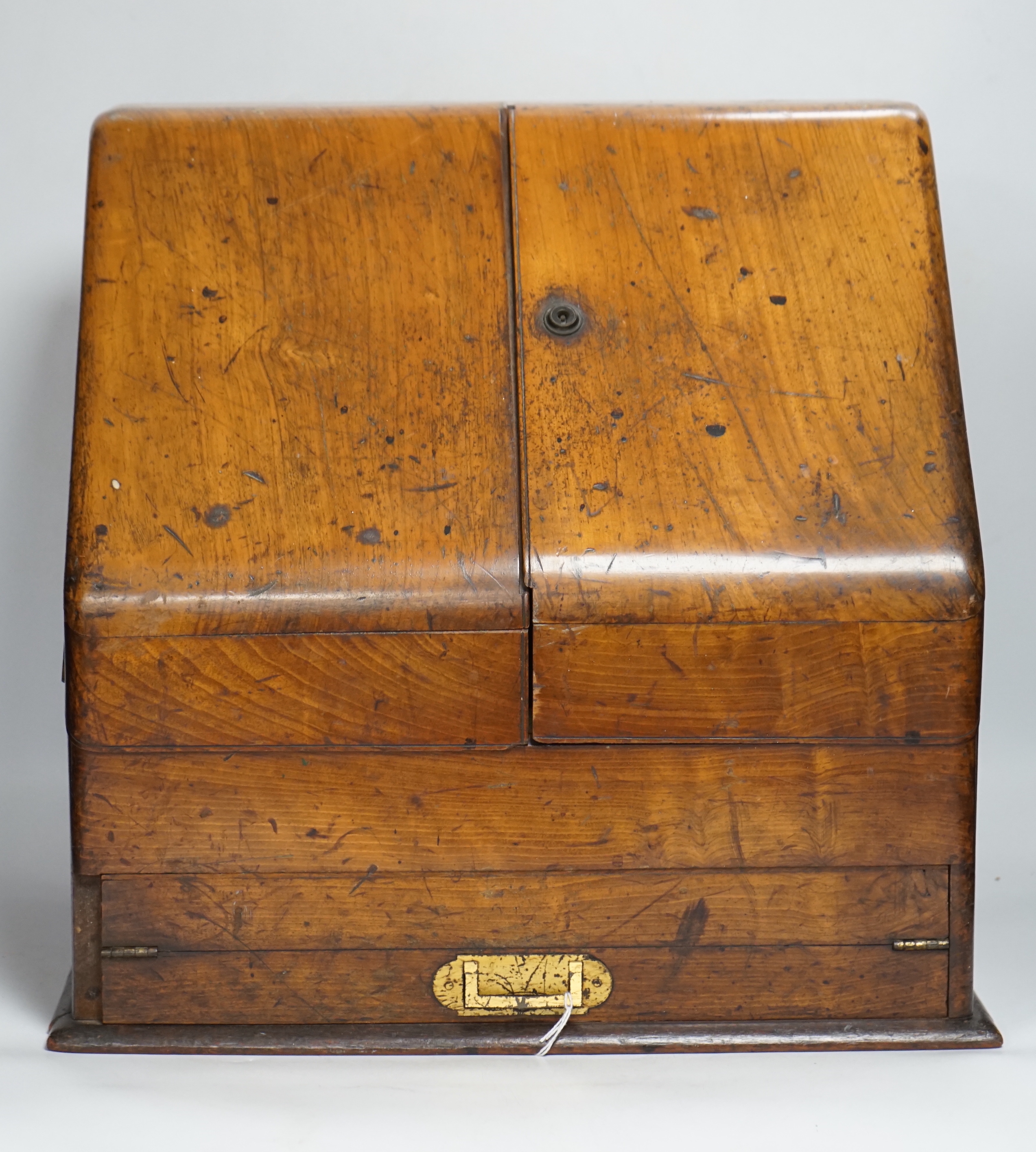 A Victorian walnut stationery box with pull out writing slope, ivory labels, 41cm wide CITES Submission reference PHGK9A82